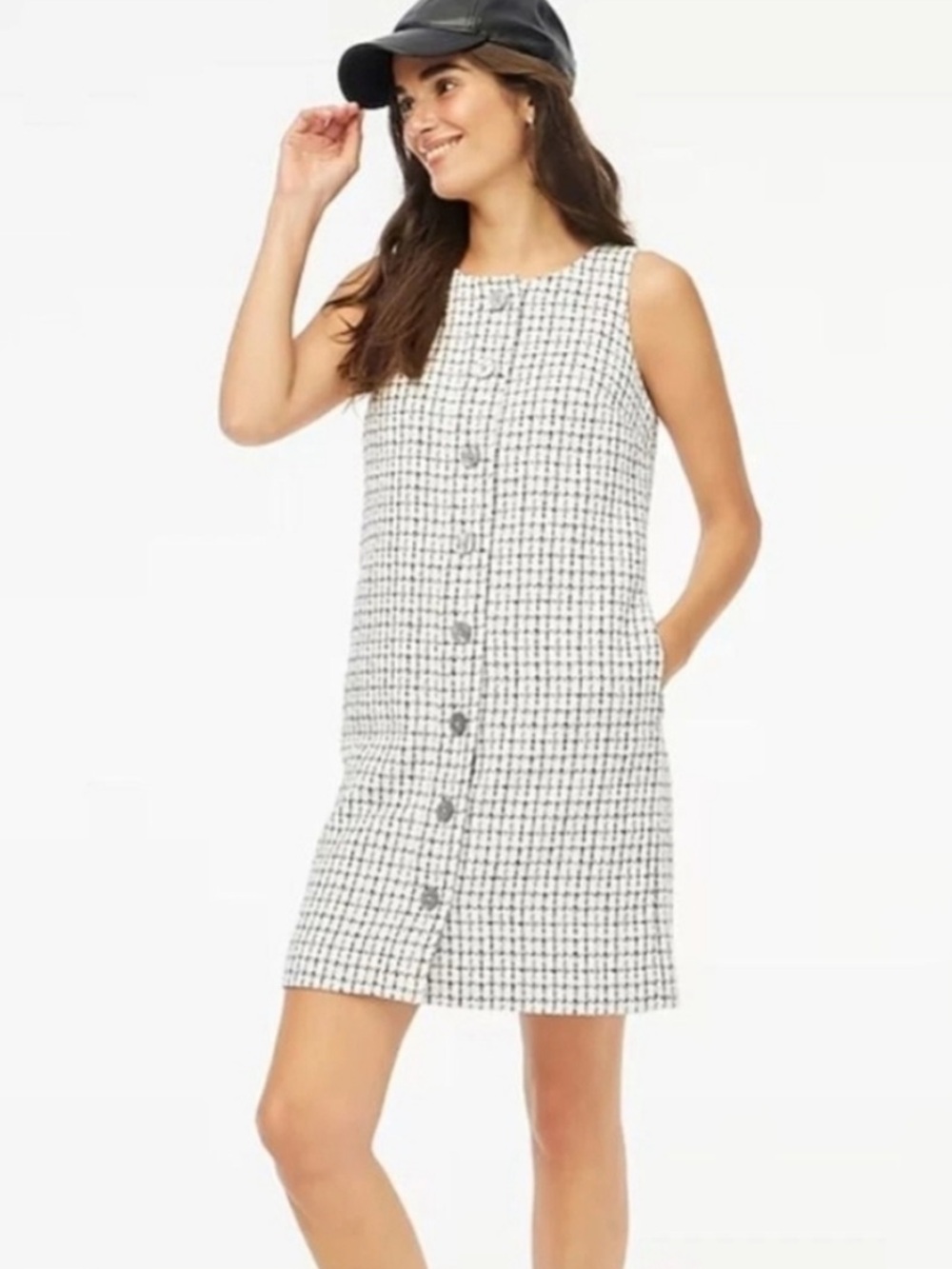 Sleeveless Black & White Check Button-Front Dress